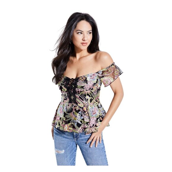 GUESS Off The Shoulder Lois Lace Up Top - Picture 9 of 10